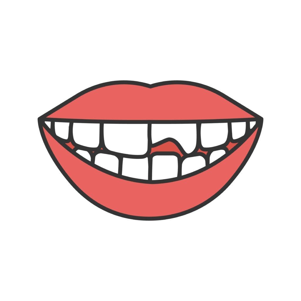 Cartoon lips smiling with a chipped tooth

